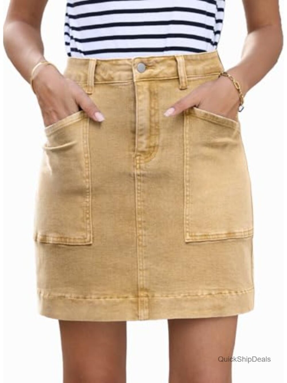 High Waisted Women's Jean Skirt with Pockets Cotton Blend Knee Length Casual